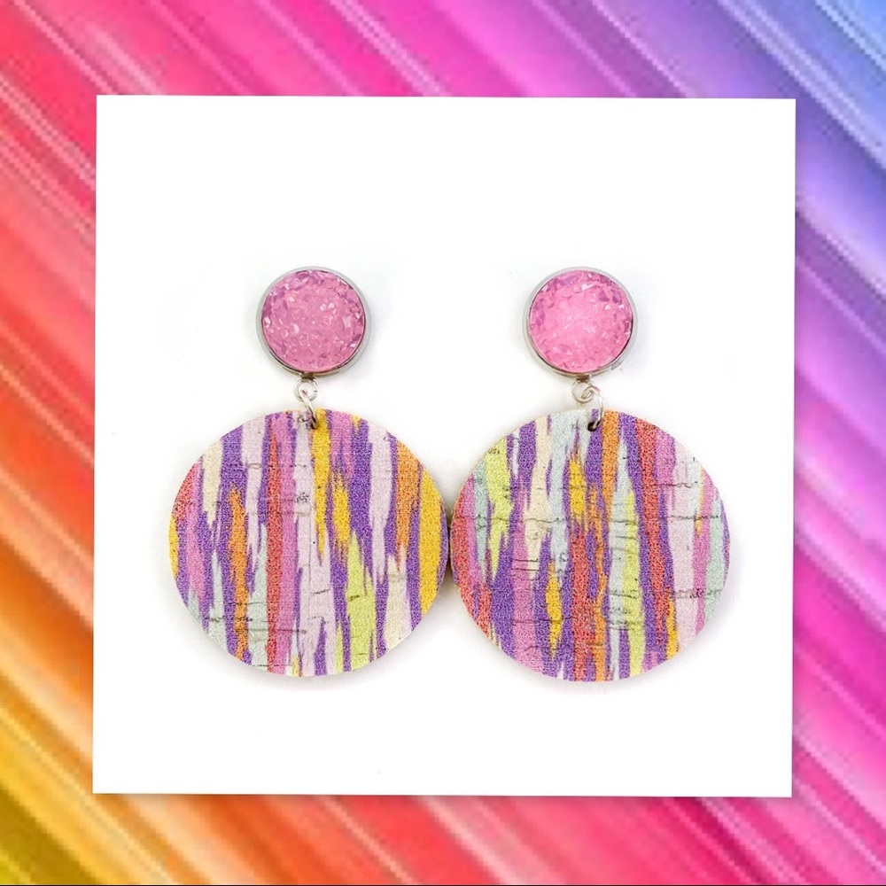 Druzy Stud & Psychedelic stripe Leather Earrings